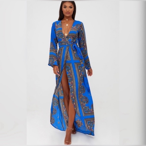 PrettyLittleThing Dresses & Skirts - Pretty Little Thing Cobalt Print Satin Kimono Maxi Dress